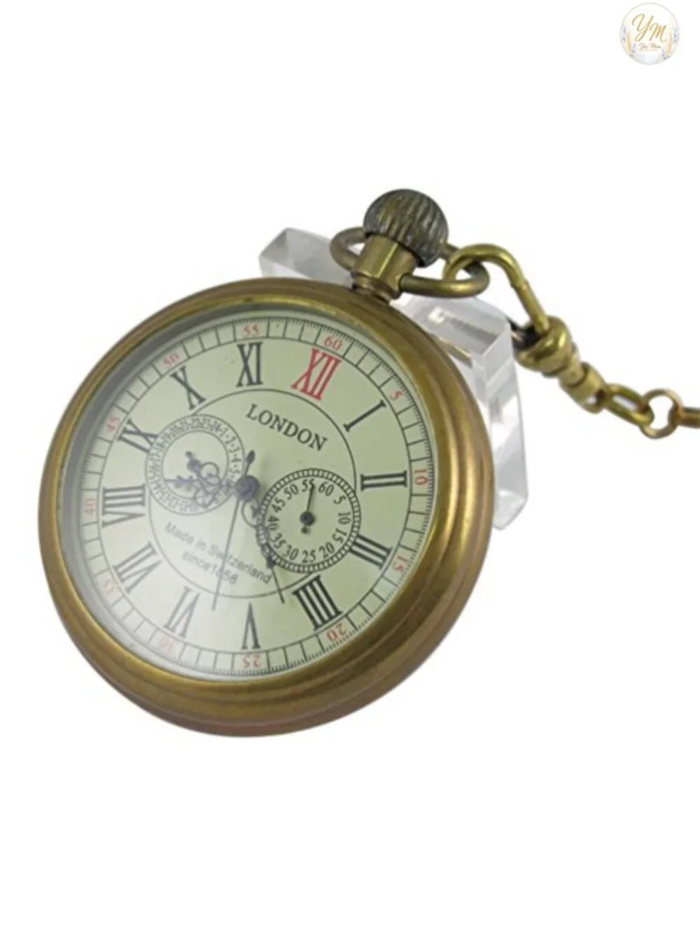 Vintage Full Copper Mechanical Pocket Watch with Chain, Hand Wind, Moon Phase,